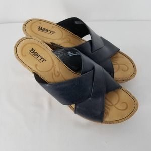 Born Strappy Navy Wedge Sandals Size 10 M EUC
